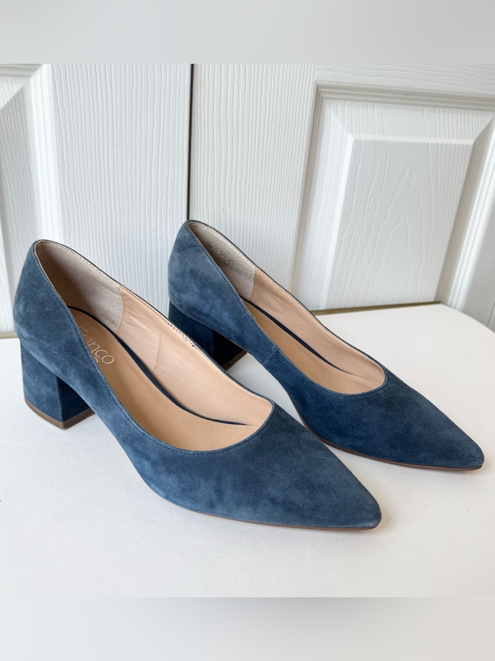 Franco Sarto Block Heels Pumps Size 7.5 Callan Blue Suede Leather Old Money